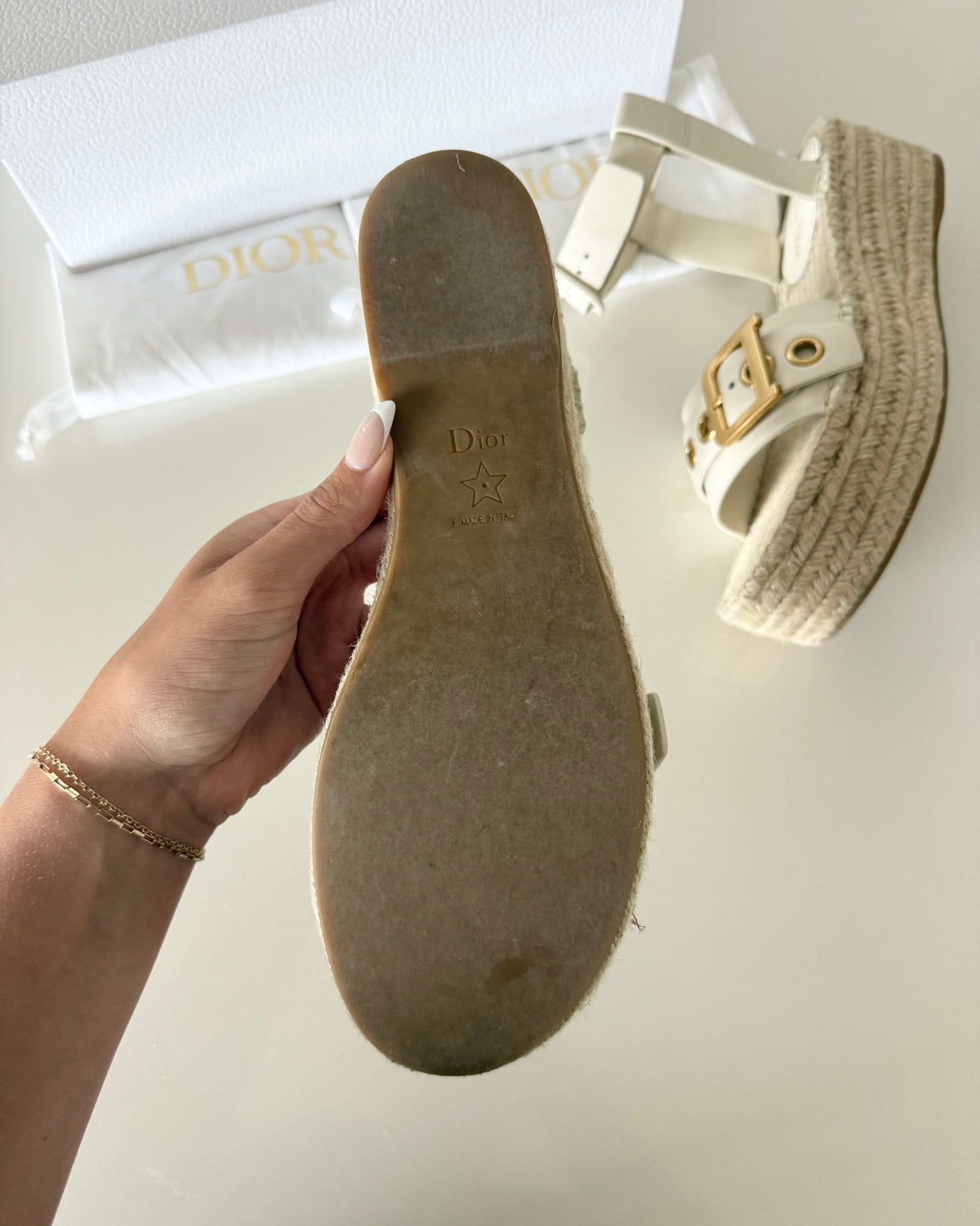 Christian Dior White D-Dior Wedged Platform Ankle Wrap Espadrilles Size 40