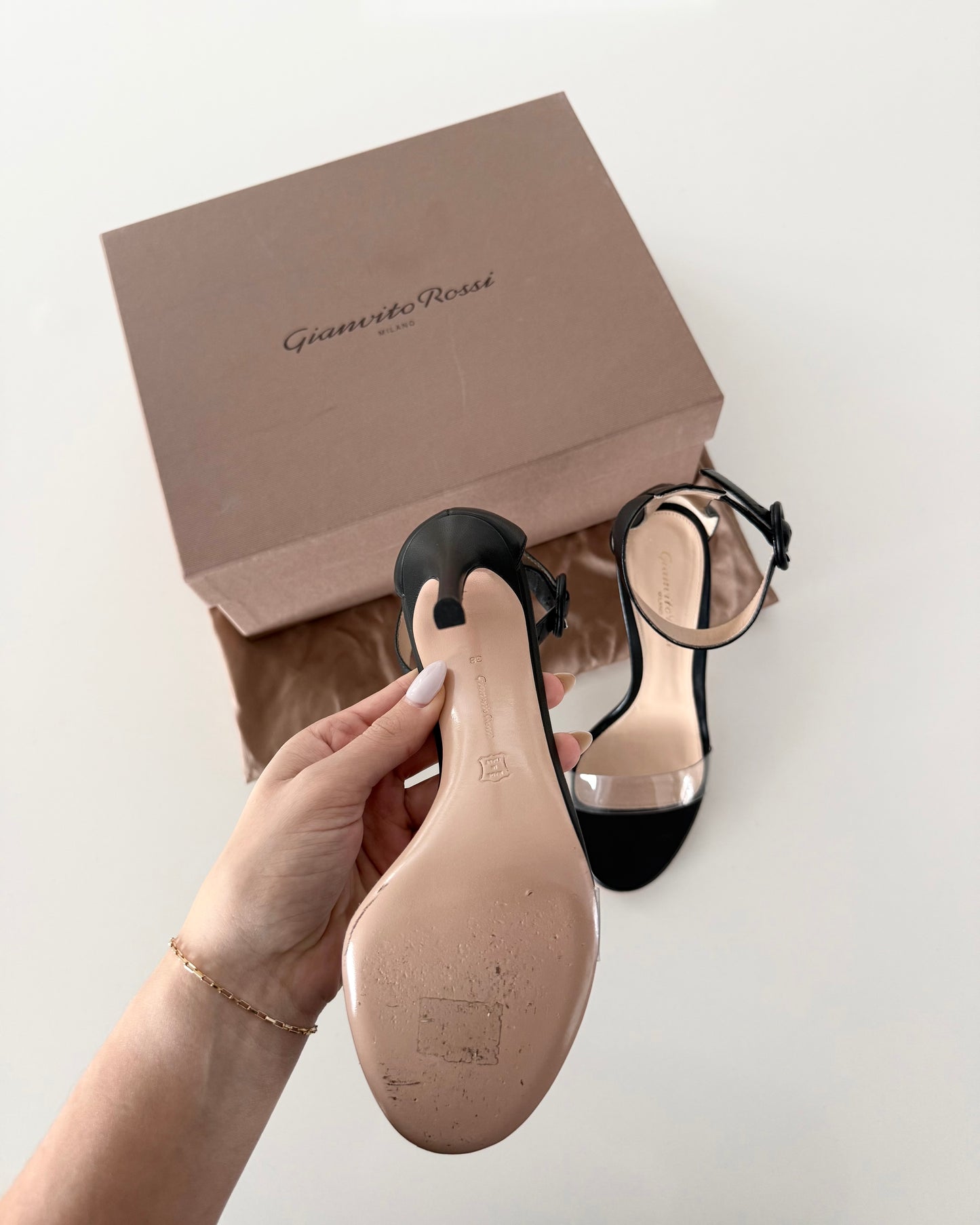 Gianvito Rossi Black Leathr and Plexi Stella Heeled Sandals Size 38