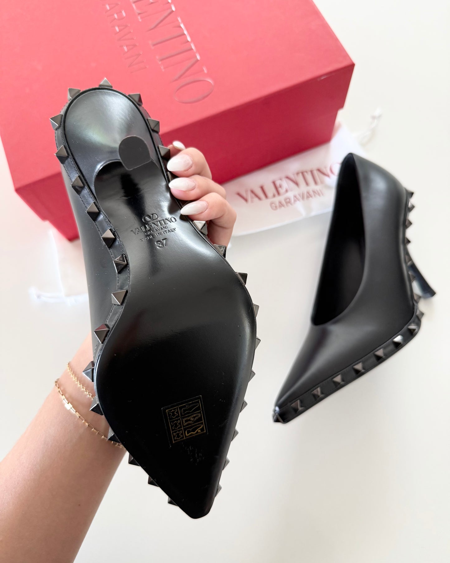 Valentino So Black Rockstud Longated Toe Pumps Size 37