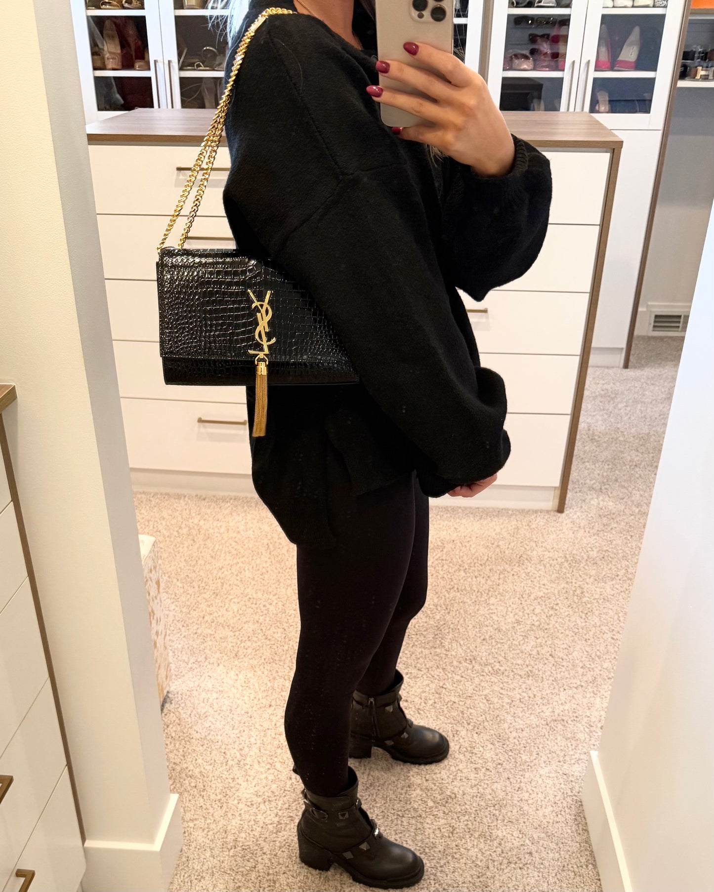 Saint Laurent Black Croc Embossed Patent Leather Medium Kate