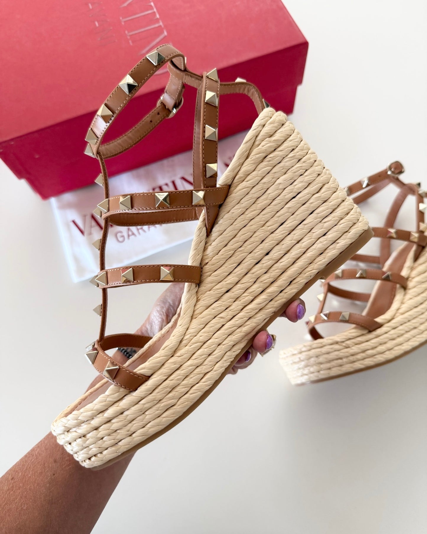 Valentino Tan Rockstud Ankle Wrap Raffia Wedges Size 37