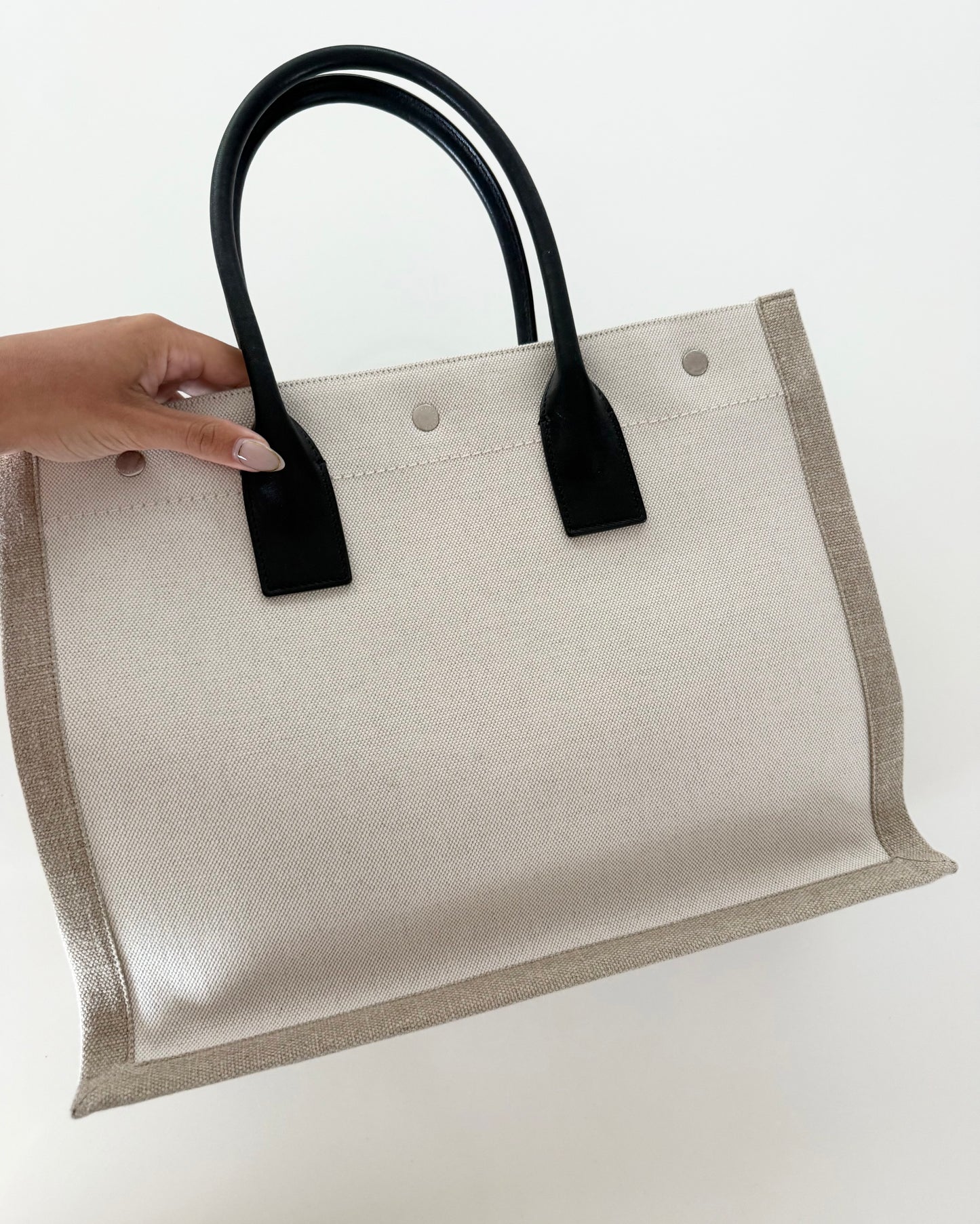 Saint Laurent Linen and Black Leather Rive Gauche Tote Bag