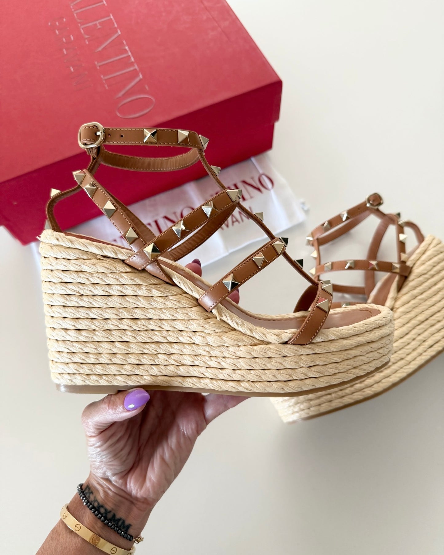 Valentino Tan Rockstud Ankle Wrap Raffia Wedges Size 37