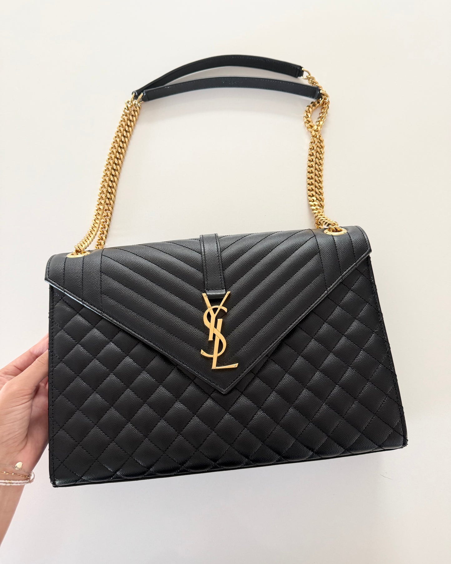 Saint Laurent Black Grained Leather Mix Matelasse Large Tri-Quilt