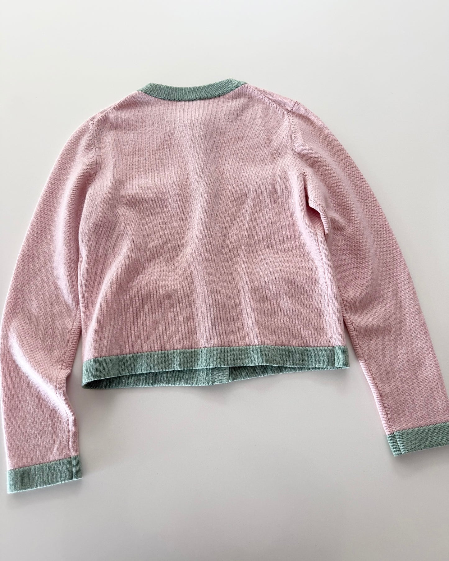Chanel RARE Pink Cashmere Cardigan with Green Trim and Crystal Logo Ombre Buttons Size 34