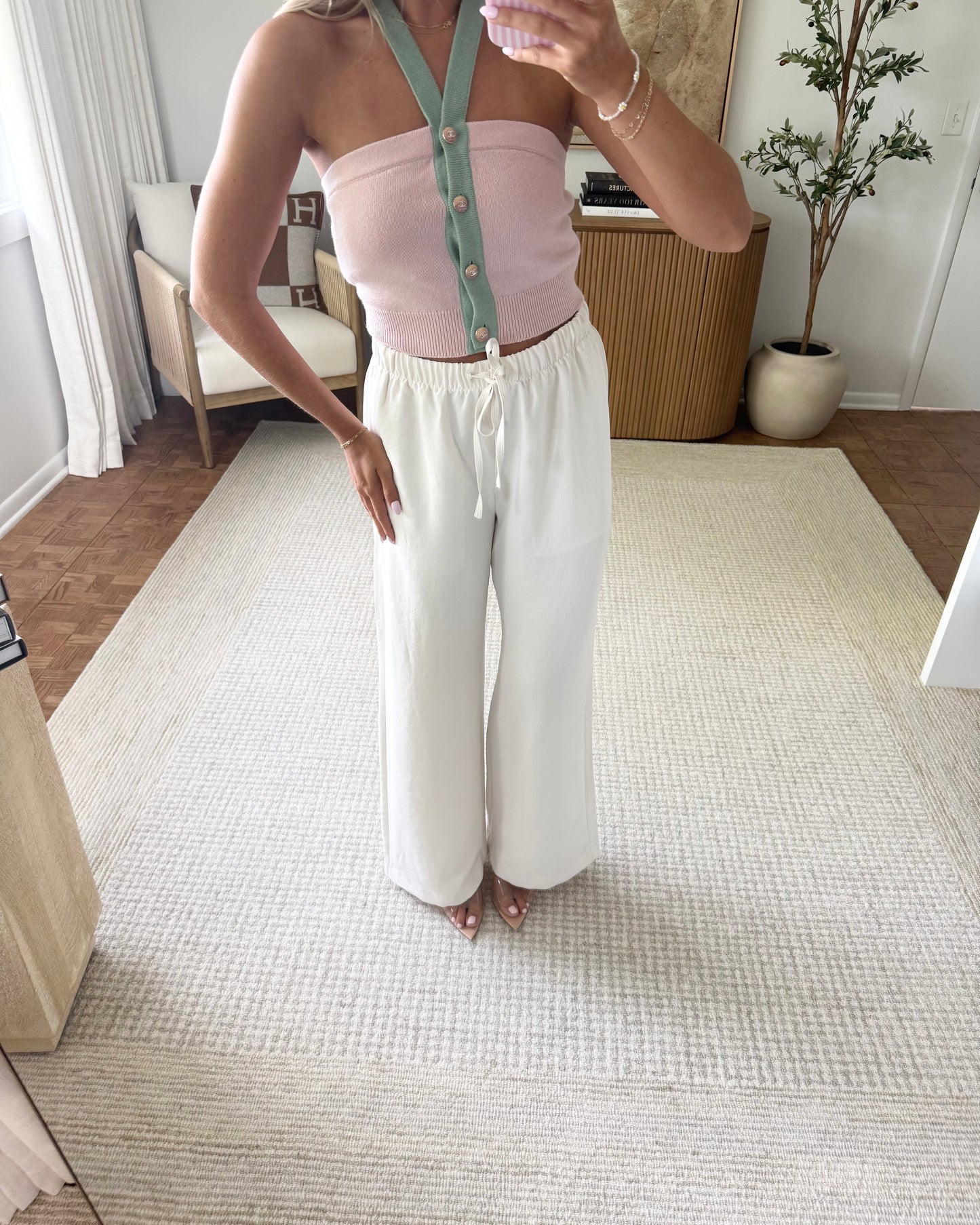 Chanel RARE Pink Cashmere Halter Top with Green Trim and Crystal Logo Ombre Buttons Size 34