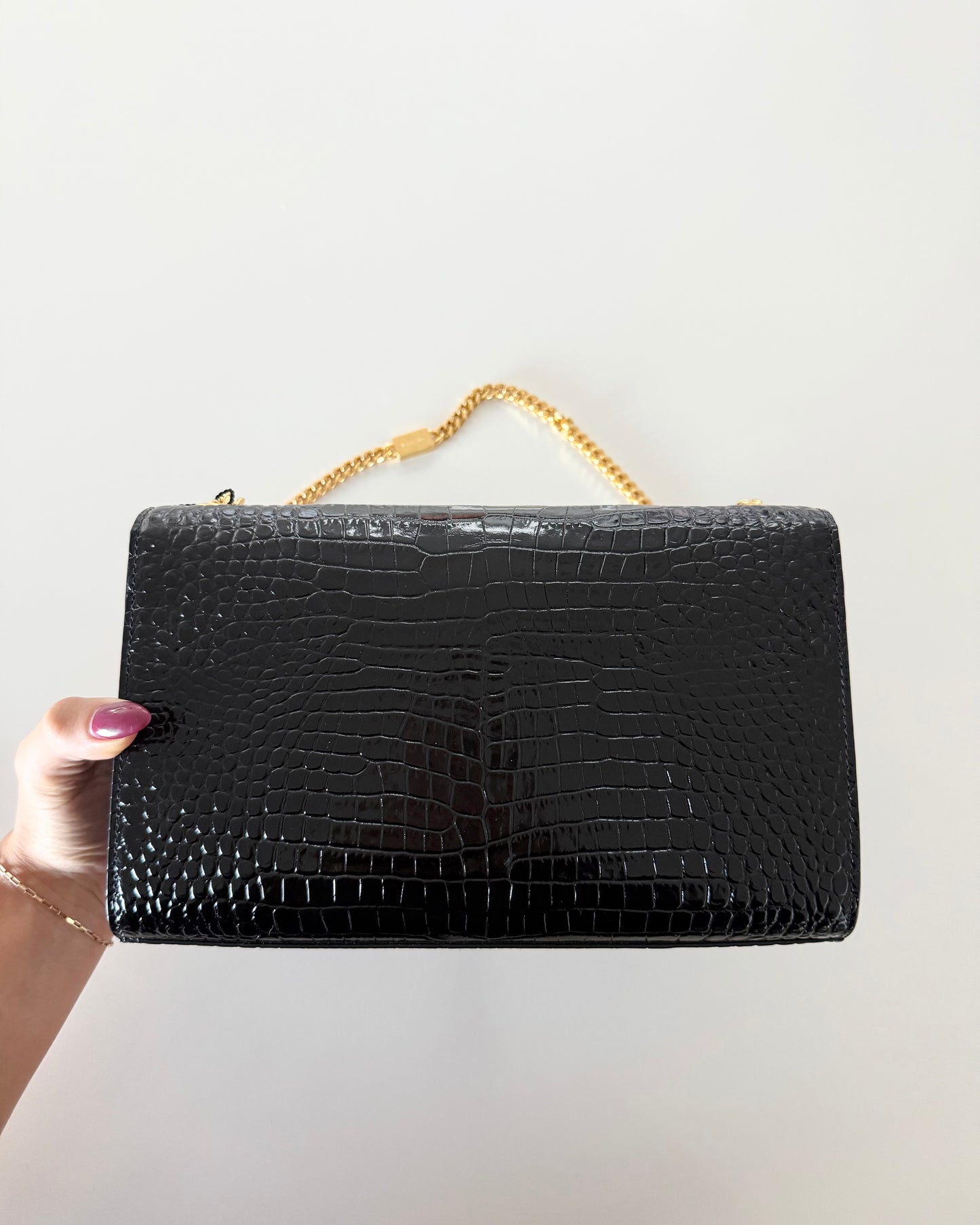 Saint Laurent Black Croc Embossed Patent Leather Medium Kate
