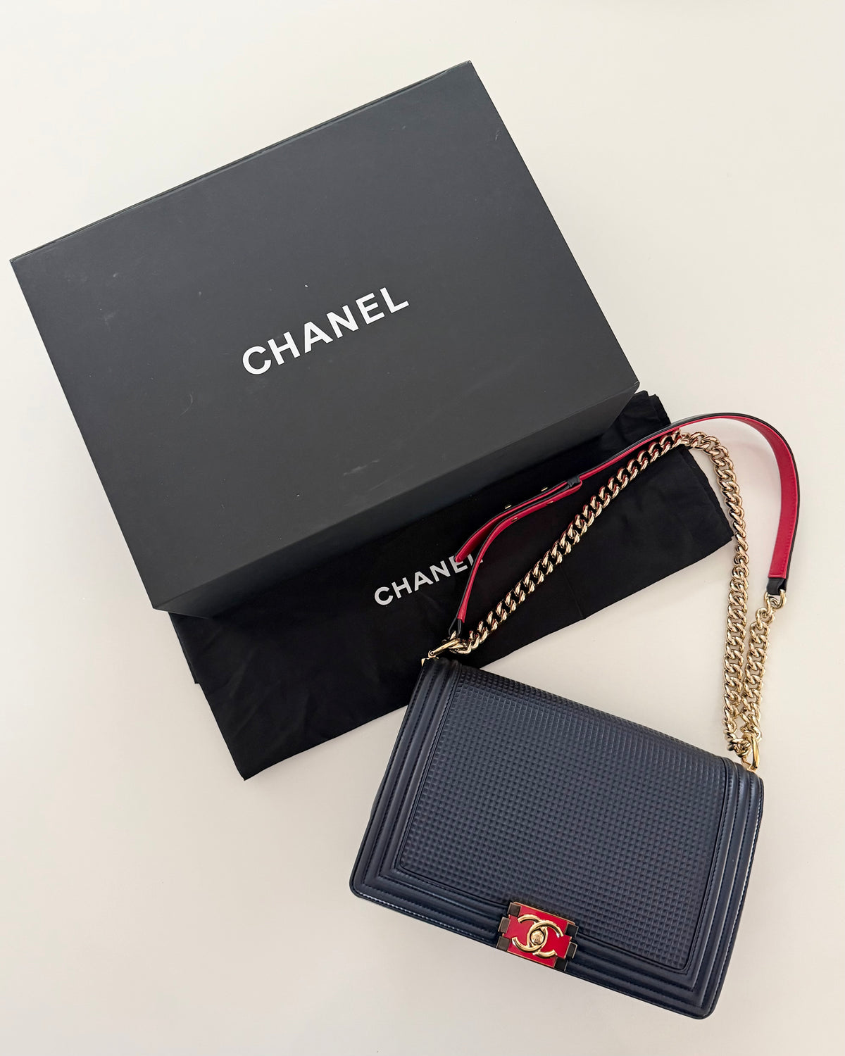 Chanel Navy with Red Accent Rare Cube Large Boy Bag 18 series from 2013-14