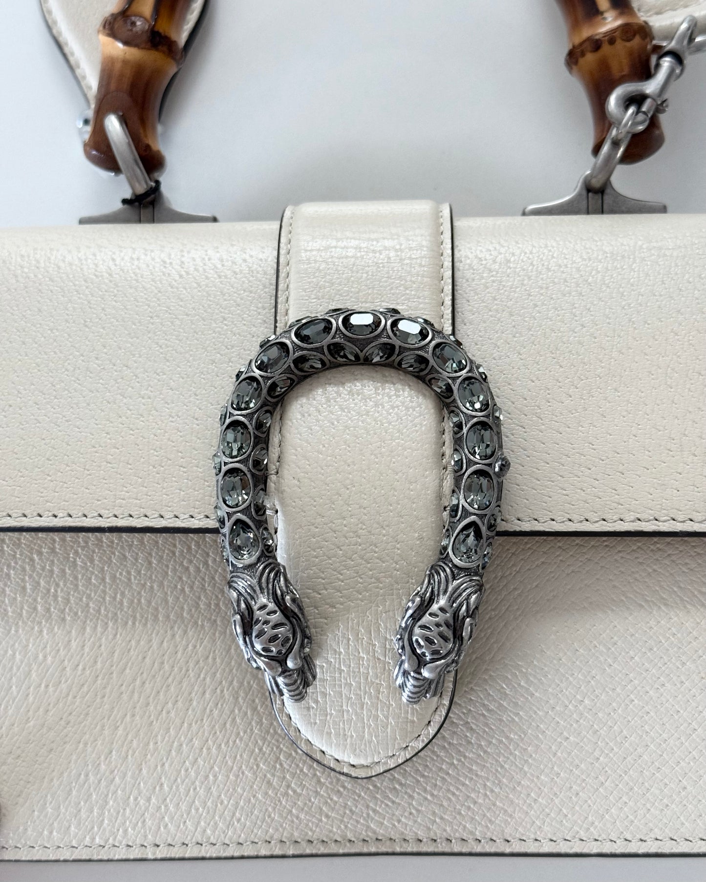 Gucci White Pebbled Crystal Dionysus Web Mini Bamboo Top Handle