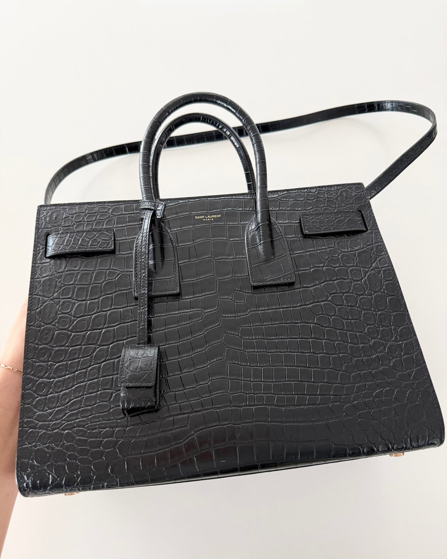 Saint Laurent Black Croc Embossed Small Sac De Jour