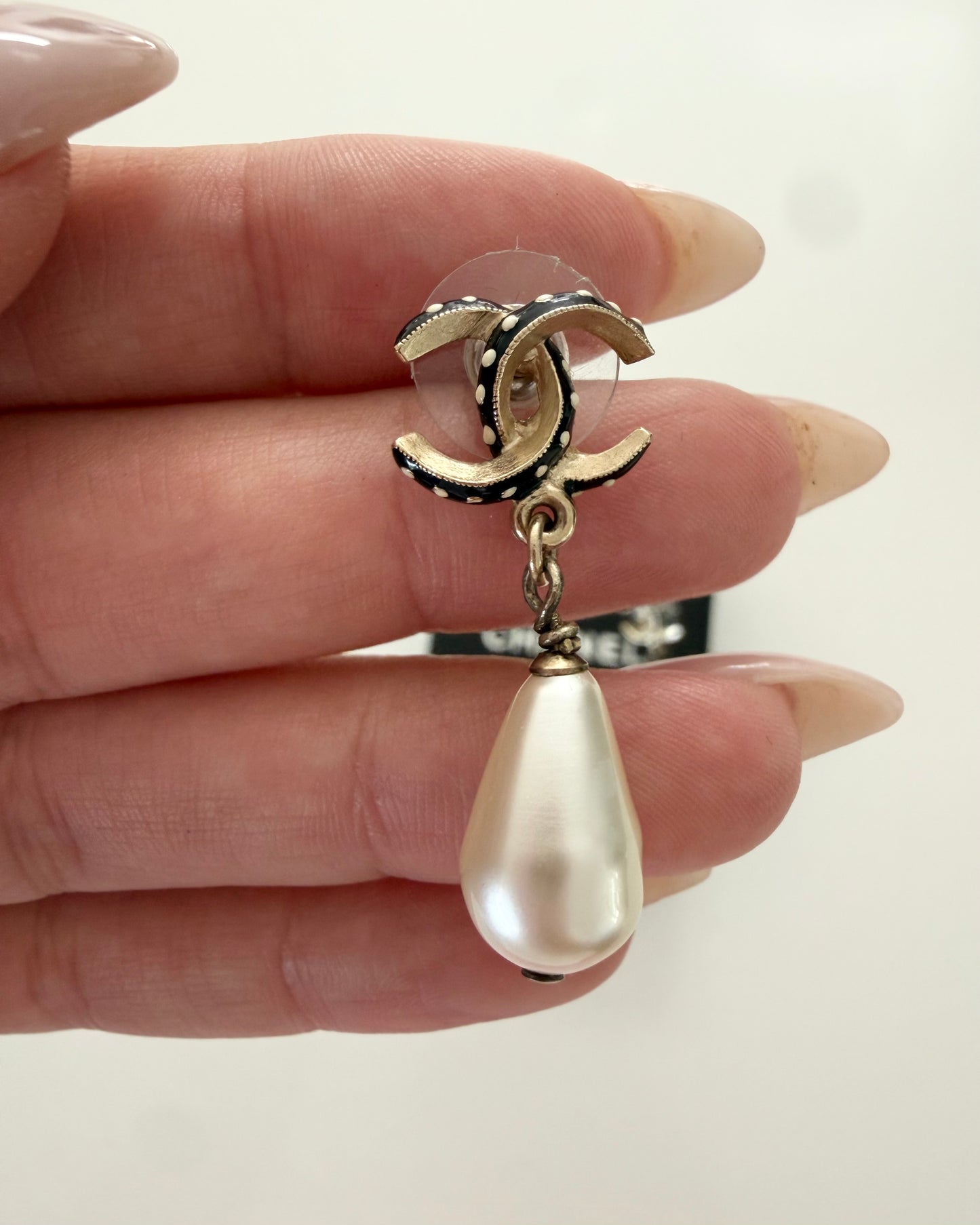Chanel Goldtone Polka Dot Logo Pearl Drop Earrings