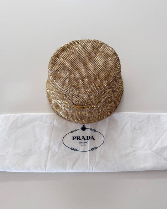 Prada Gold Crystal Satin Embellished Bucket Hat size Medium