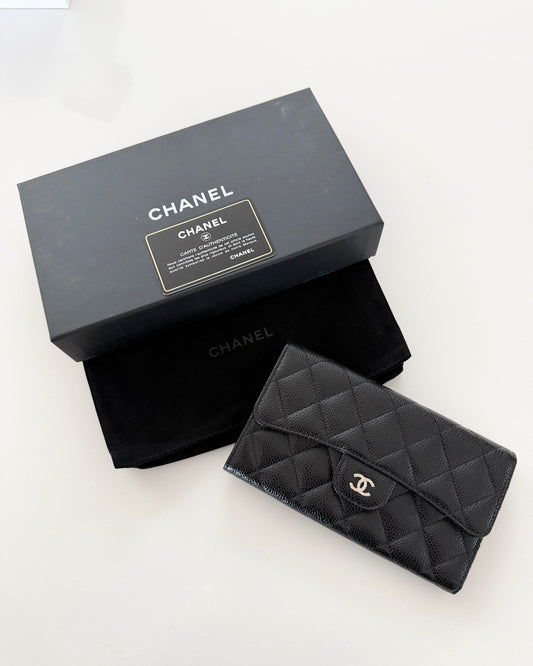 Chanel Black Caviar Flap Wallet with Silver Hardware