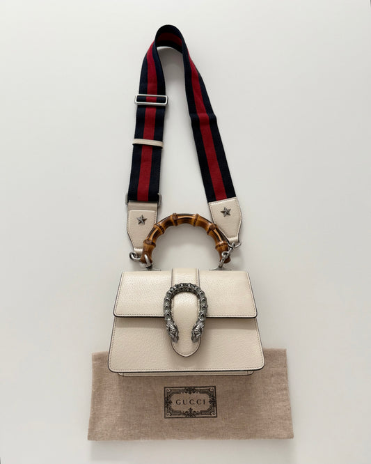 Gucci White Pebbled Crystal Dionysus Web Mini Bamboo Top Handle