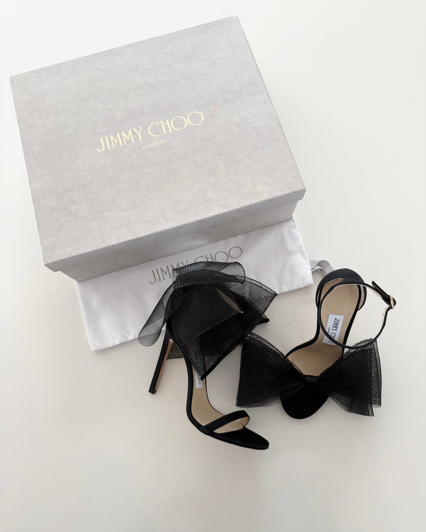 Jimmy Choo Black Grosgrain and Mesh Bow Aveline 100 Heels Size 36