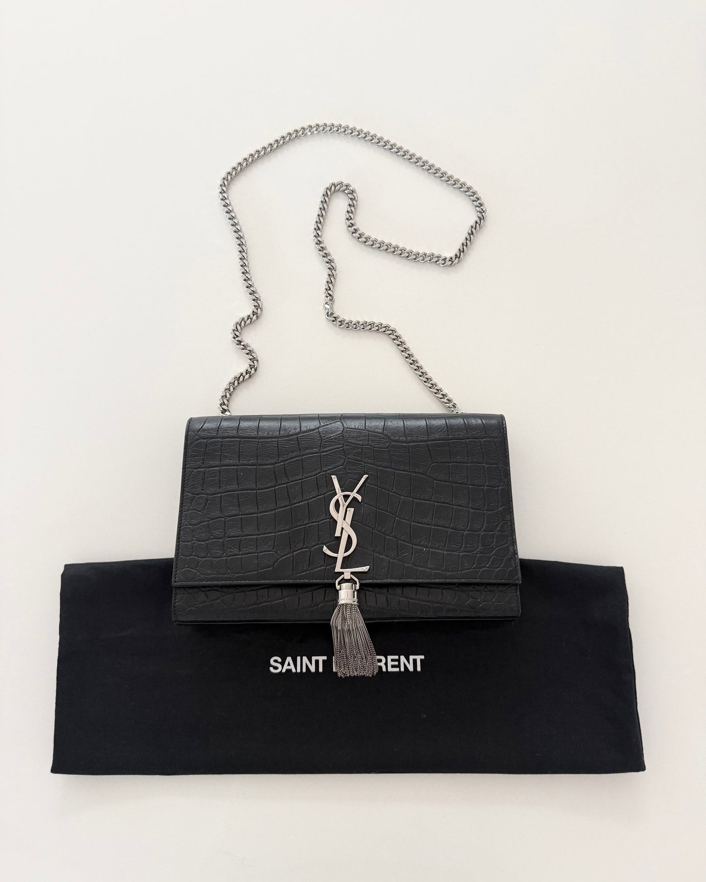 Saint Laurent Black Croc Embossed Medium Kate Tassel Bag