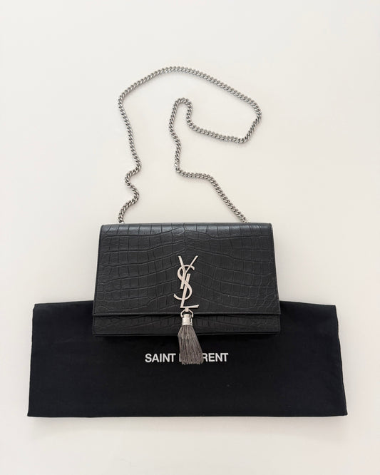 Saint Laurent Black Croc Embossed Medium Kate Tassel Bag
