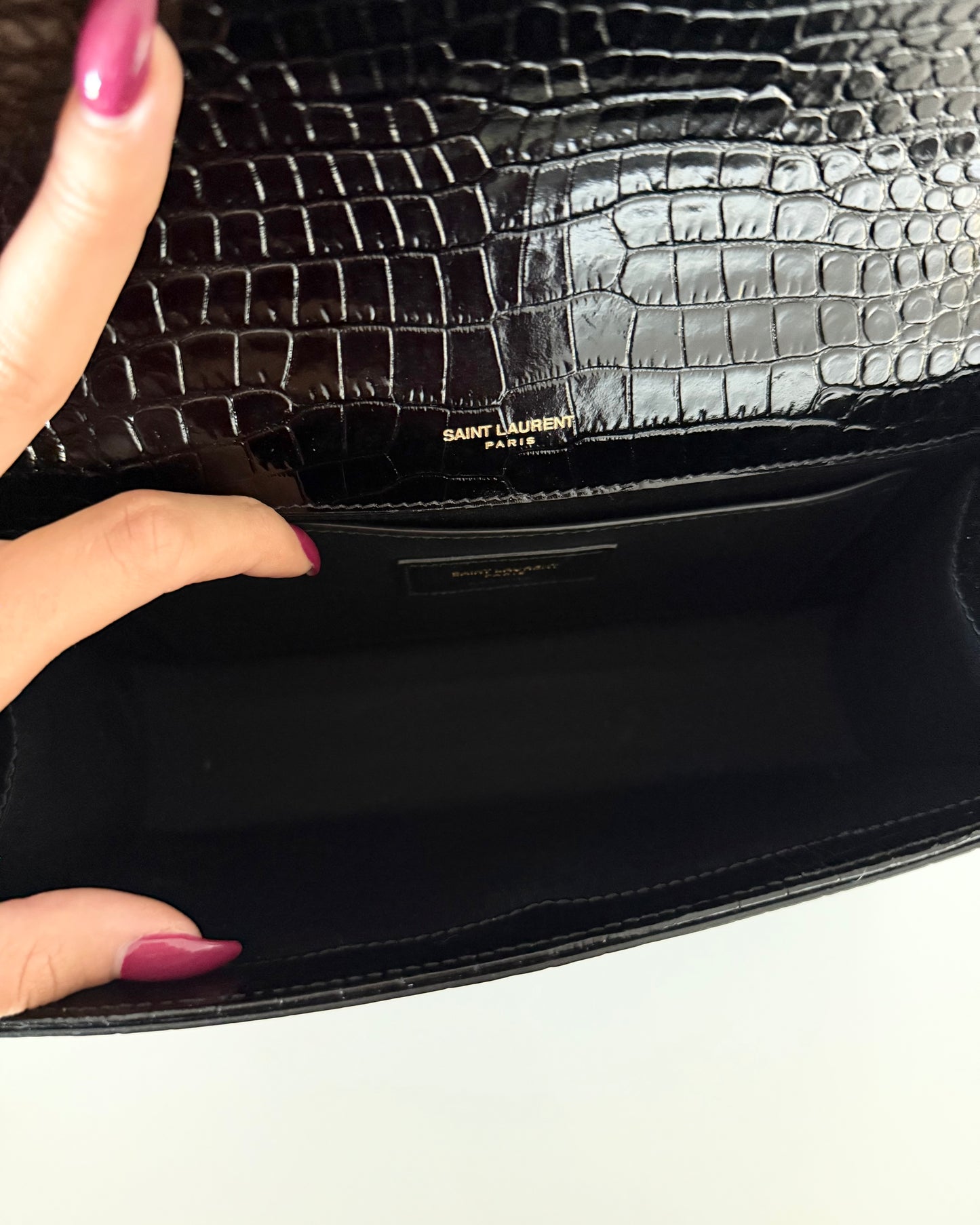 Saint Laurent Black Croc Embossed Patent Leather Medium Kate