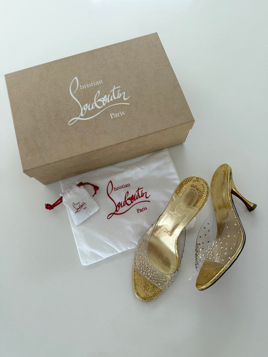 Christian Louboutin Gold and PVC Degramule Strass Crystal 85 Size 39