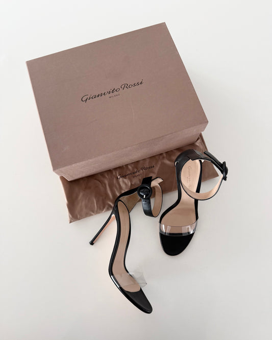Gianvito Rossi Black Leathr and Plexi Stella Heeled Sandals Size 38