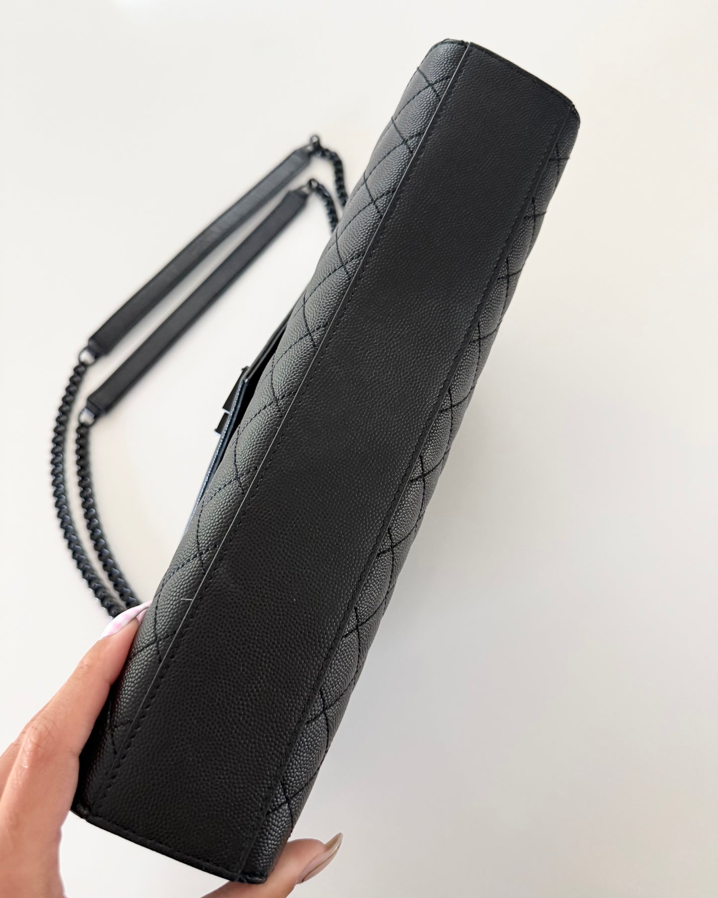 Saint Laurent All Black Grained Leather Matelasse Triquilt Flap Bag