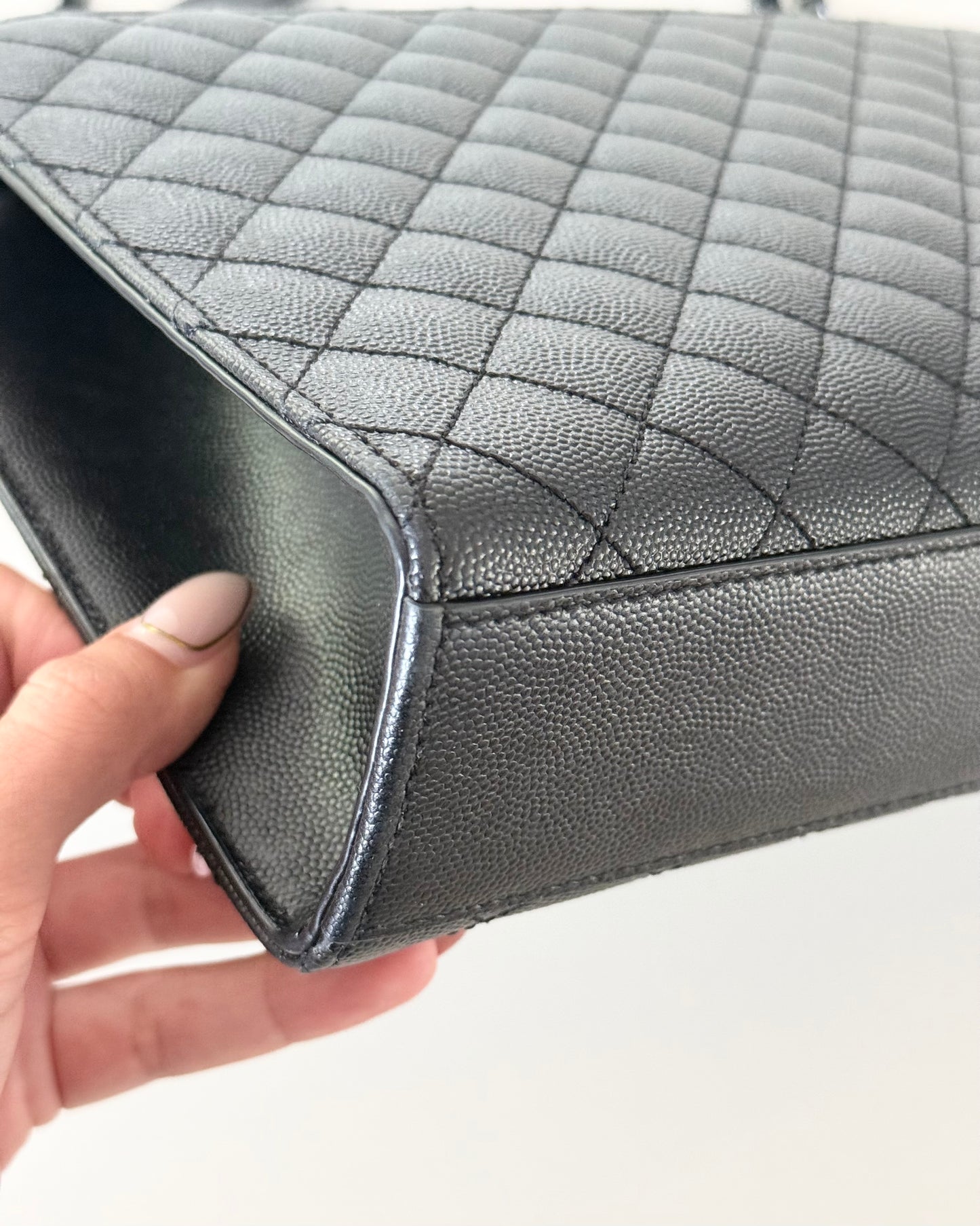 Saint Laurent All Black Grained Leather Matelasse Triquilt Flap Bag