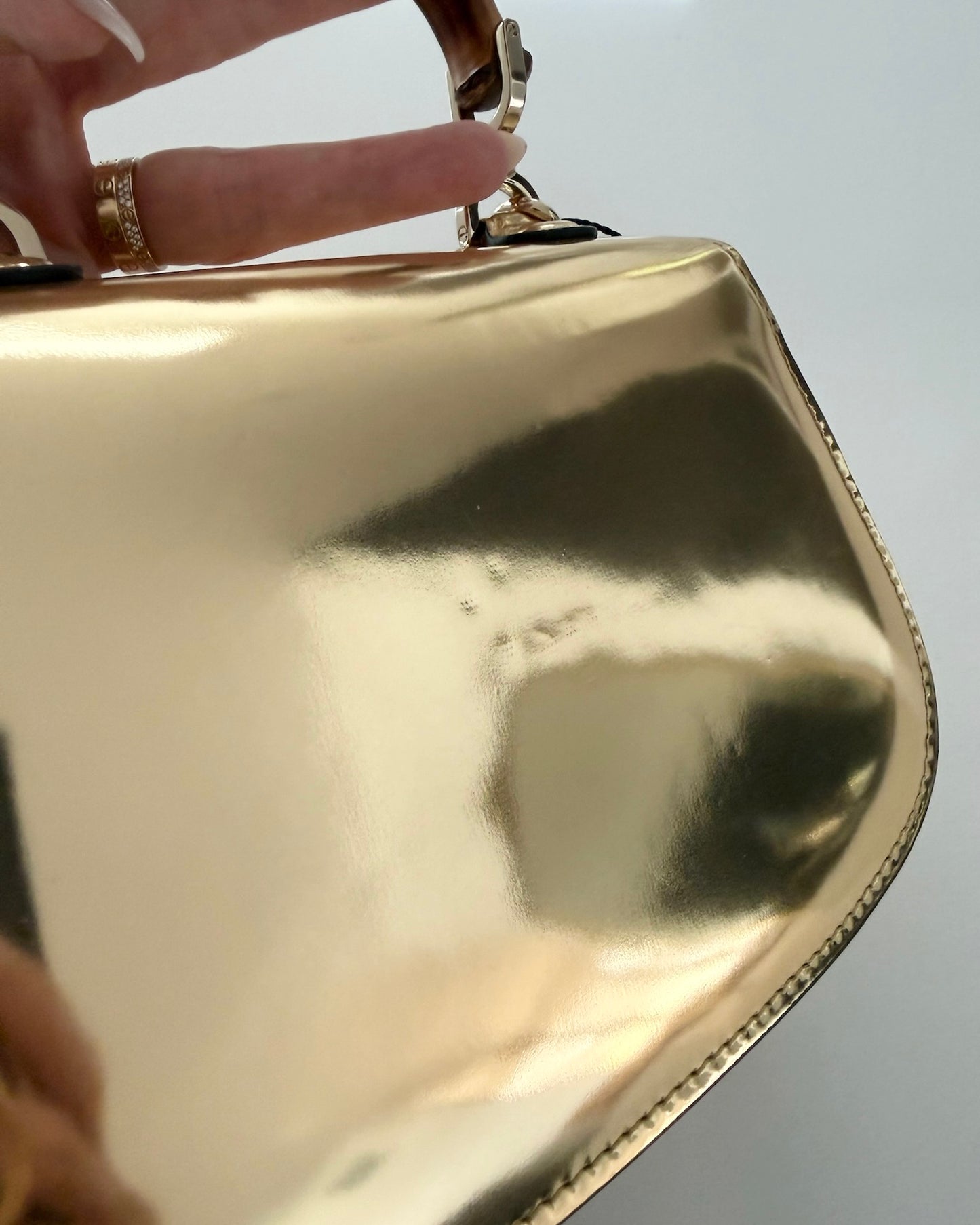 Gucci Limited Edition Gold Metallic Patent Leather Mini 1947 Bamboo Top Handle Bag