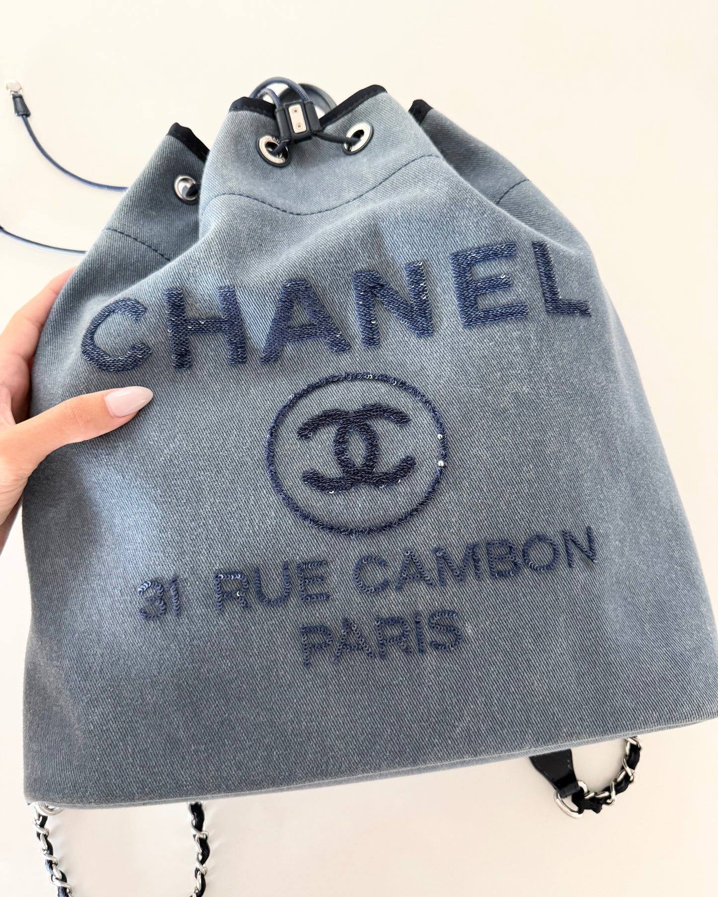 Chanel Blue Denim and Sequin Deauville Backpack