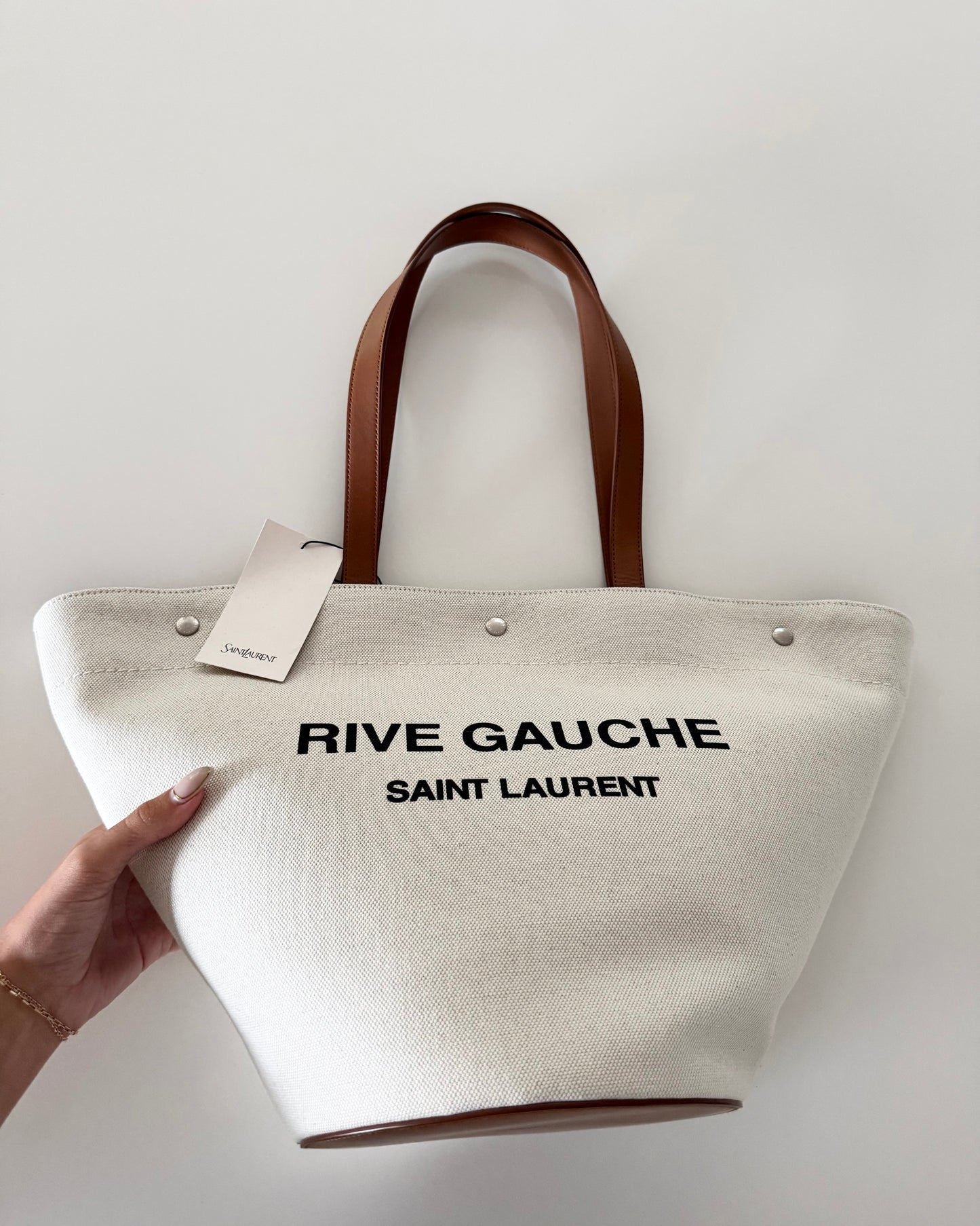 Saint Laurent Linen and Brown Leather Rive Gauche Tote