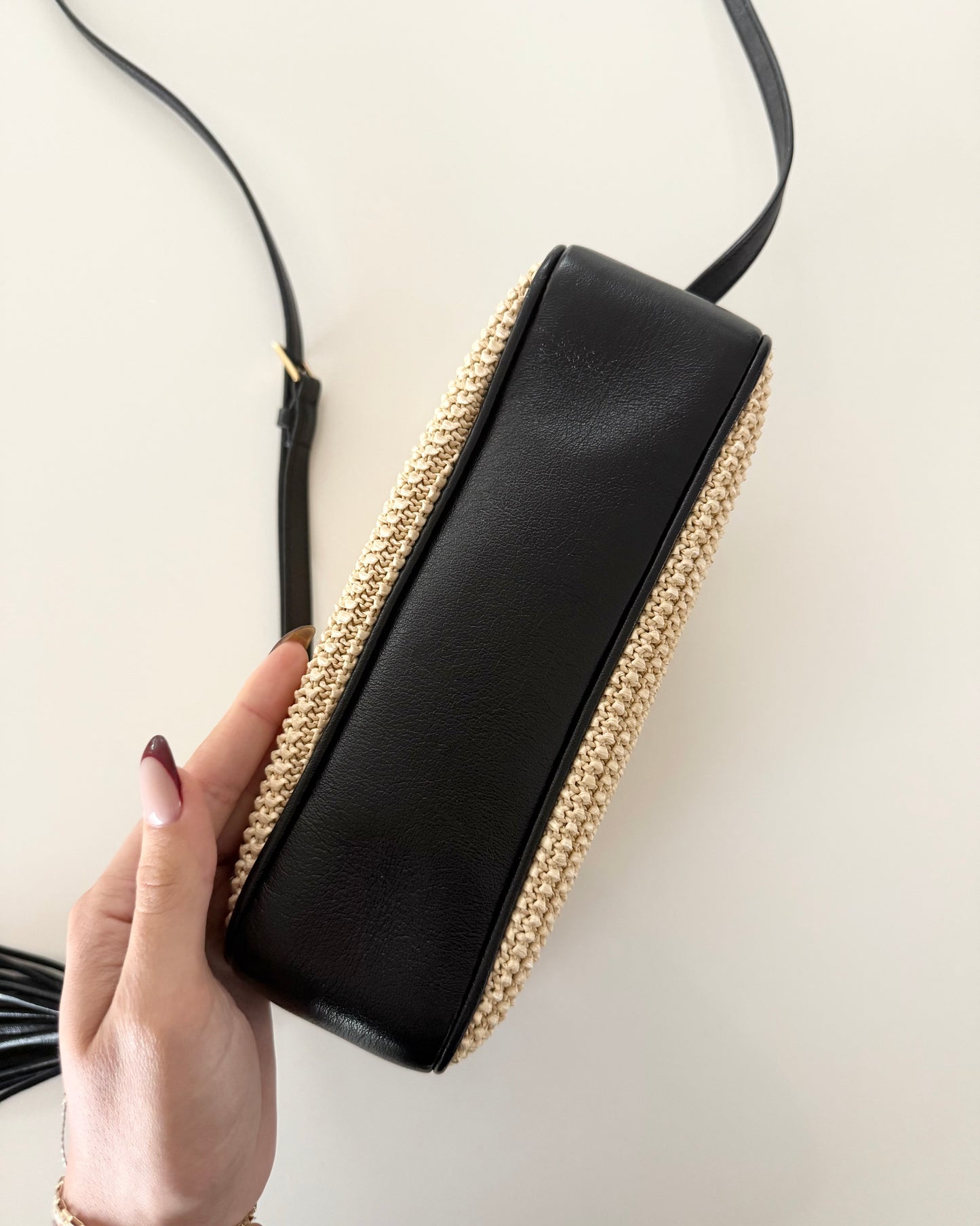 Saint Laurent Black Leather and Raffia Lou Camera Bag