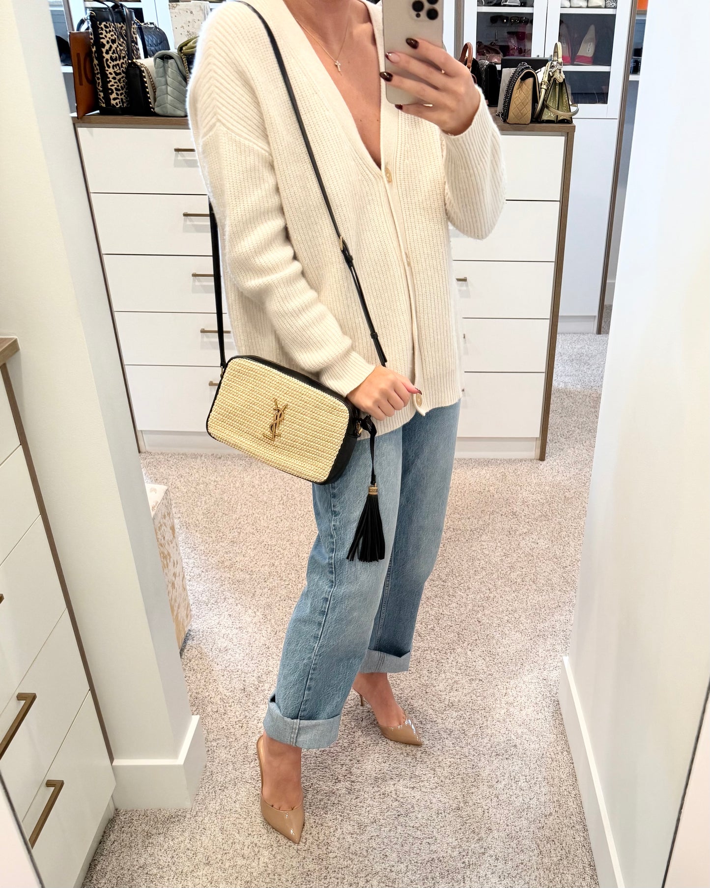 Saint Laurent Black Leather and Raffia Lou Camera Bag