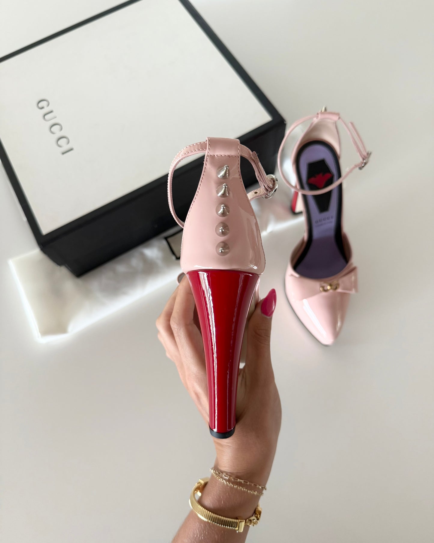 Gucci Light Pink Patent Logo Bow and Spiked D’Orsay with Red Platform Heels Size 36