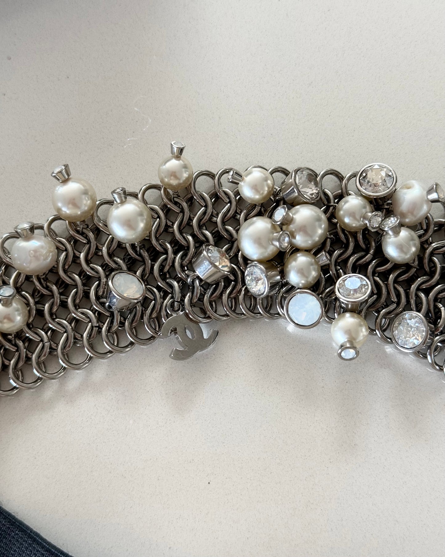 Chanel Silvertone Crystal Pearl and Logo Headband