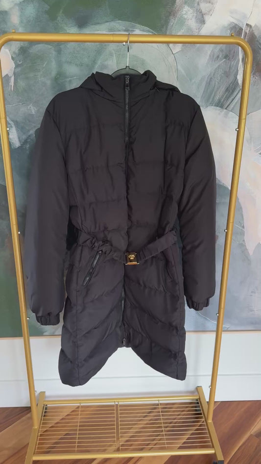 Versace Black Medusa Belted Removable Hooded Long Puffer Coat Size 46