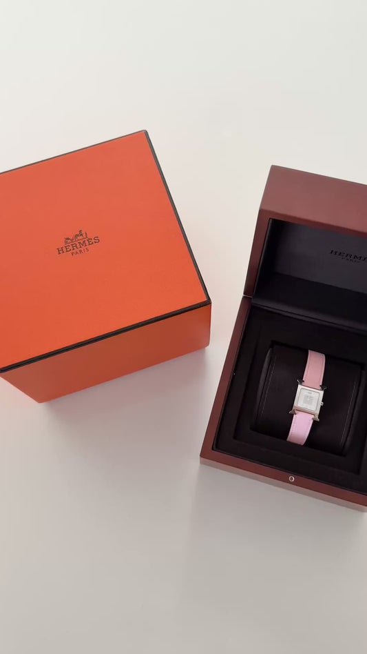Hermes Pink Sakura and Steel Small Model Heure H Watch with Diamond Set and White Mother of Pearl dial from 2023